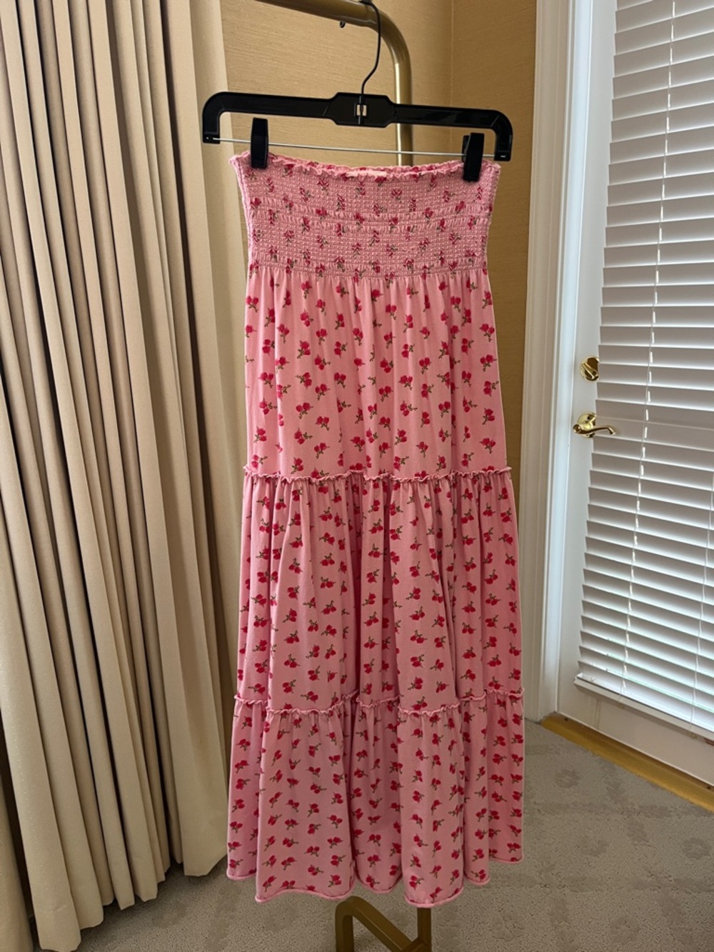 LoveShackFancy Pink Floral Smocked Tiered Maxi Skirt